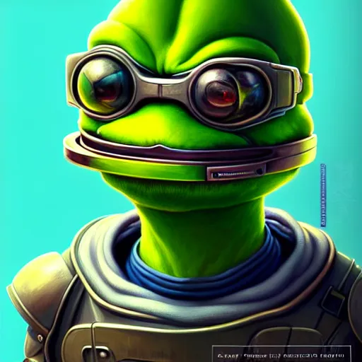 Image similar to Portrait of happy pepe with a spoon wearing futuristic power armor, fantasy, intricate, highly detailed, digital painting, trending on artstation, sharp focus, illustration, style of Stanley Artgerm and Greg Rutkowski and Dan Mumford