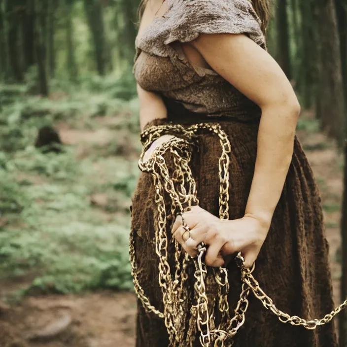 Prompt: a closeup portrait of a woman carrying chains, in a forest, by Charlotte Grimm, CANON Eos C300, ƒ1.8, 35mm, 8K, medium-format print