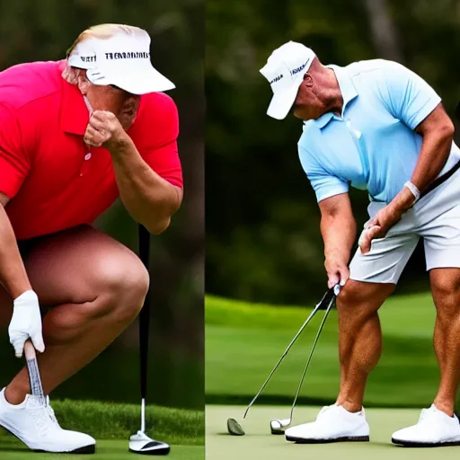 Prompt: trump body builder perfect physique short white shorts playing golf