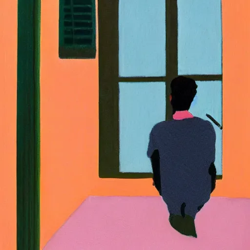 Prompt: a fine art painting from behind of man with black hair smoking a spliff at the glass door of a balcony at night, inspired by the styles of wes anderson and edward hopper, toned orange and pastel pink