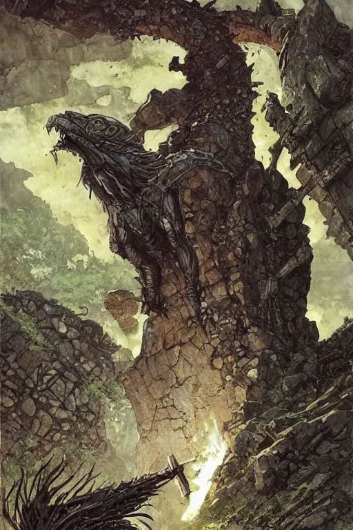 Prompt: basilisk at stone ruins by greg rutkowski and rick berry and norman rockwell and jason fabok and greg staples and nc wyeth