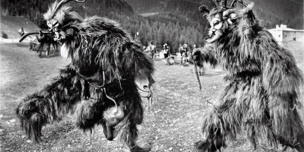Image similar to krampus with big beak dancing in dolomites, hay fur, austrian folklore, 1920s photography, grainy, eerie, dark