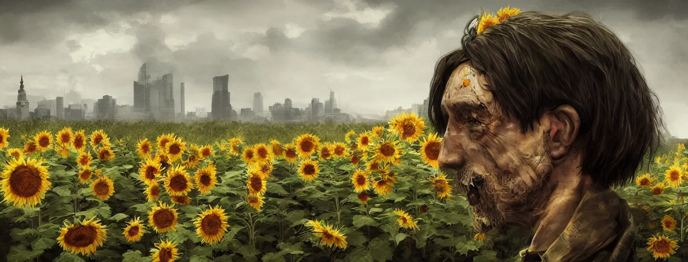 Image similar to old soldiers head being overgrown by sunflowers, Minsk and Moscow in background, dark, eerie, despair, portrait photography, artstation, digital art, adward winning, concept art, artstation, highly detailed, sharp focus, by caravaggio