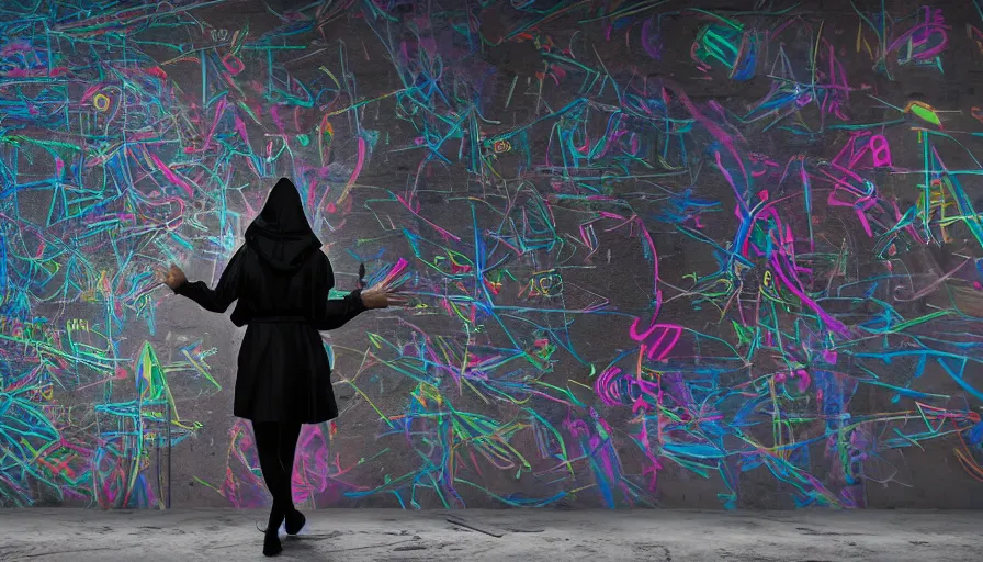 Image similar to portrait of a pretty young tech sport blindfold hooded asian woman standing in front of a wall of graffiti intricate volumetric octane render 3 d street art depicting dark monochrome neon fluorescent color abstract geometry in the style of wlop, mirrors edge, odeith