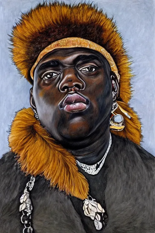 Image similar to full body!! a portrait of biggie smalls aka notorious b. i. g. wearing boho - chic style clothes, with a fur muffler and feathers, realistic painting in egon schiele style, masterpiece, hyperdetailed, complex, intricate, 4 k, hyperrealistic, trending on artstation