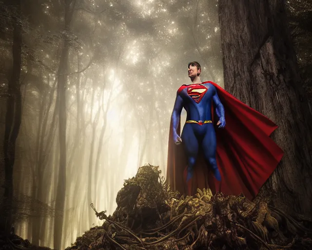 Image similar to 5 5 mm portrait photo of a demonic undead superman in a magical forest. magical atmosphere. art by greg rutkowski and luis royo. highly detailed 8 k. intricate. lifelike. soft light. nikon d 8 5 0.