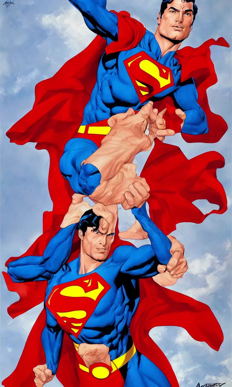 Image similar to a famous handsome actor as superman by alex ross