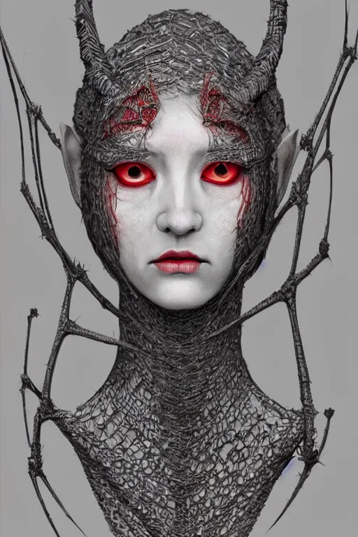 Prompt: full-body portrait of beautiful female grey elf (beautiful, dark grey skin, red eyes, white hair, symmetrical face) wearing a low-cut dress made of spider webs, dark fantasy, D&D, digital art, highly detailed, award winning, concept art, intricate, smooth, sharp focus, art by Greg Rutkowski, art by Ruth Asawa, art by Tim Burton, art by Ted Nasmith, art by H.R. Giger