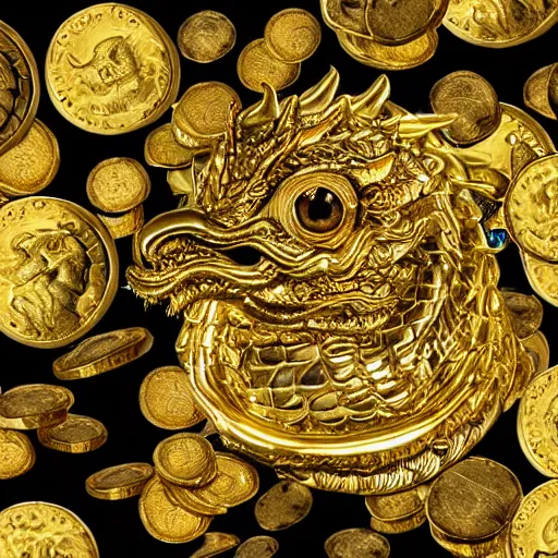 Prompt: giant gold dragon with large eyes on a pile of gold coins