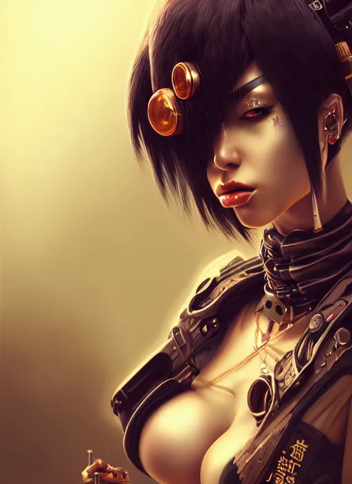Image similar to soft lustrous ebony geisha seductive raver gutter punk steampunk cyborg, yakuza, golden ratio, details, scifi, fantasy, cyberpunk city, intricate, decadent, highly detailed, octane render, digital painting, artstation, concept art, sharp focus, illustration, art by artgerm, loish, wlop