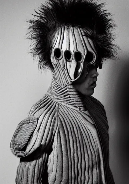 Prompt: an award - winning photo of an ancient male model wearing a plain designer menswear jacket inspired by h. r. giger designed by alexander mcqueen