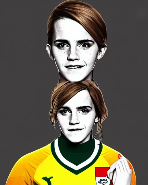 Image similar to a portrait of emma watson wearing lokomotiv football shirt, hyper realistic