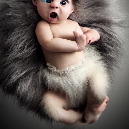 Image similar to a cute little baby monster with long fur, portrait, pixar style, extremely realistic photo, heaven background, cinematic lighting, award winning creature portrait photography