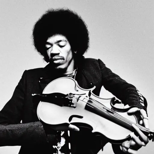 Image similar to a photograph of Jimi Hendrix playing the violin