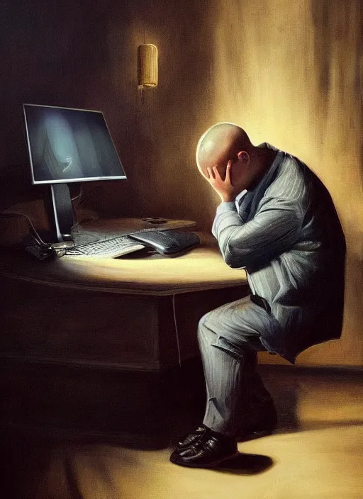 Image similar to insanely detailed chiaroscuro image of a sleepy - looking chubby well - dressed programmer guy on his knees facing his glowing ultrawide monitor monitor begging it for forgiveness, oil on canvas, masterwork, fine detail, trending on artstation, emotive, insanely compelling, ryden, koons, moebius