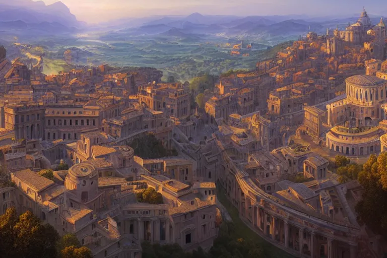 Image similar to an ultra detailed matte landscape painting of an italian renaissance capital city built on top of a large hill sweeping vista, italian renaissance architecture, ultrawide lense, aerial photography, 8 k, volumetric lighting, smooth, highly detailed, digital illustration, art by greg rutkowski and akira toriyama and artgerm