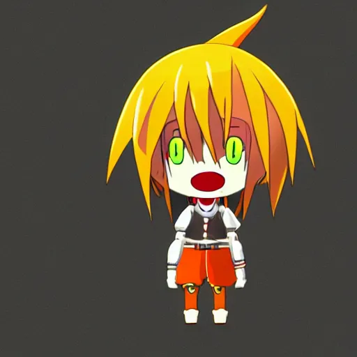 Image similar to cute android humanoid with tomato head and a carrot sword, made in abyss style