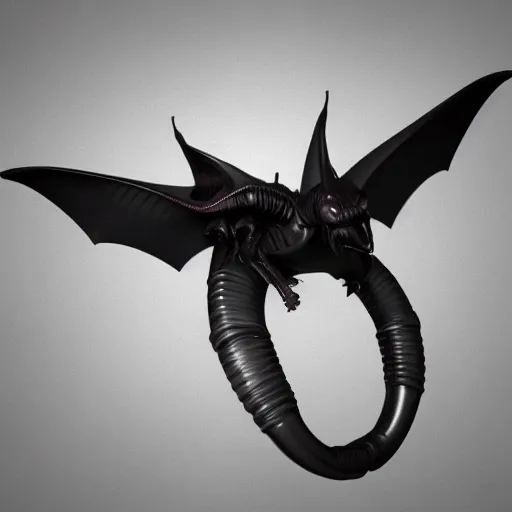 Image similar to 3d render of a xenomorphic bat, black chrome