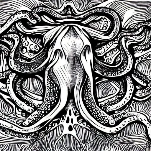 Prompt: detailed intricate black and white illustration of an alien octopus