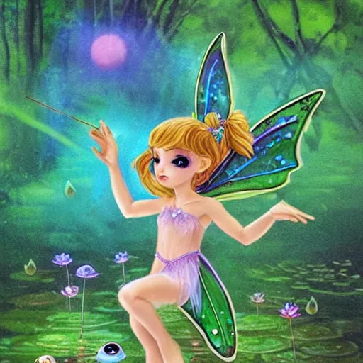 Image similar to tiny mischievous forest fairy spirit darts through the air over a frog pond at night. she is small, like tinker bell. the spirit a cute chibi dryad. magic swirls in the air. the spirit grins with glee. the frogs are large and croak loudly by the lilypads. by kevin walker, by greg staples, by daarken, by terese nielsen,