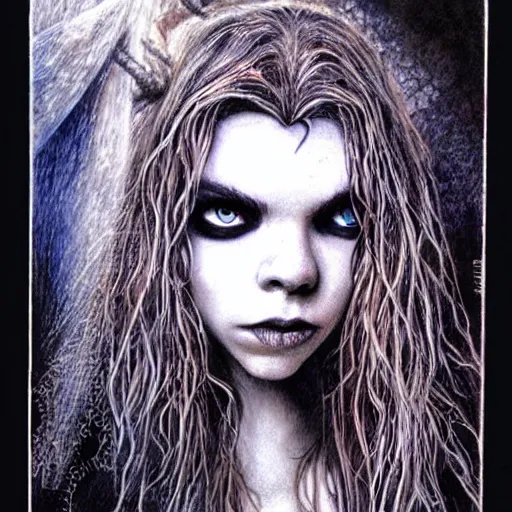 Image similar to portrait of anya taylor joy as death from sandman, by luis royo