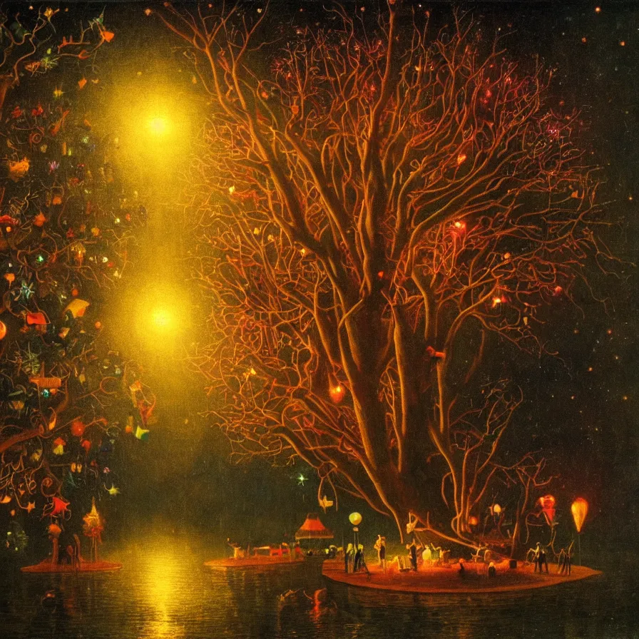 Image similar to closeup of a night carnival inside a magical tree cavity, with a surreal orange moonlight and fireworks, next to a lake with iridiscent water, christmas lights, folklore animals and people disguised as fantastic creatures in a magical forest by summer night, masterpiece painted by harry watrous, scene by night, dark night environment, refraction lights, glares