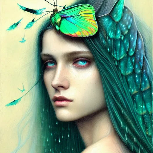 Image similar to girl in rain with wet hair and face, teal luna moth wing, fantasy, intricate, elegant, dramatic lighting, emotionally evoking symbolic metaphor, highly detailed, lifelike, photorealistic, digital painting, artstation, concept art, smooth, sharp focus, illustration, art by John Collier and Albert Aublet and Krenz Cushart and Artem Demura and Alphonse Mucha