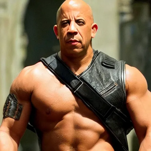 Vin Diesel with a ridiculous mullet wig, Riddick movie | Stable Diffusion