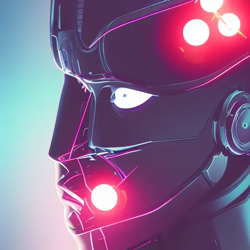 Prompt: a robot lady, clear vector, vectorial curves, sci-fi, close-up, cybernetic implant, neon, cyberpunk, center frame portrait, 2D, matte-painting