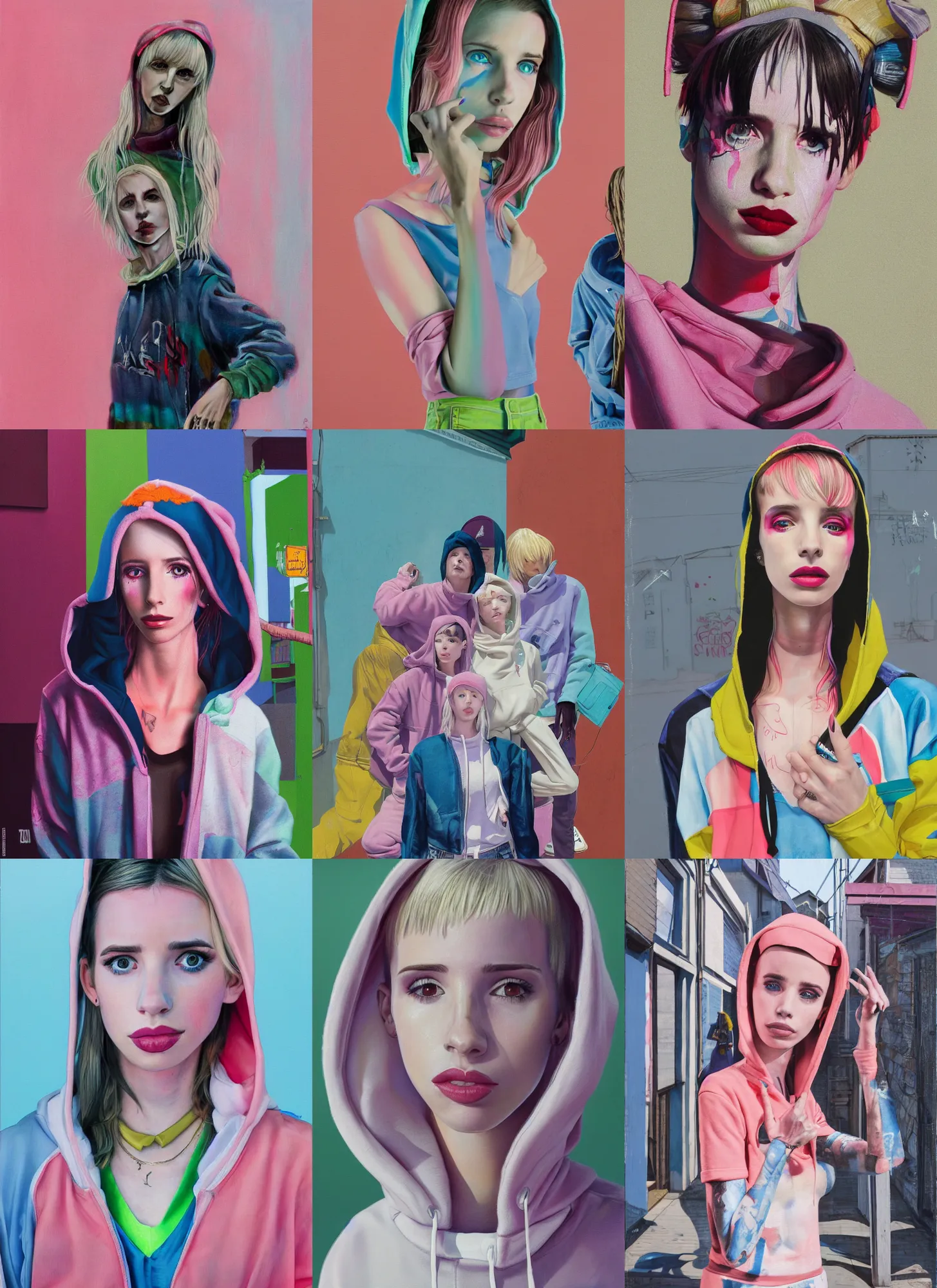 Prompt: still from music video of emma roberts from die antwoord standing in a township street, wearing a hoodie, street clothes, full figure portrait painting by martine johanna, ilya kuvshinov, njideka akunyili crosby, pastel color palette, 3 5 mm lens