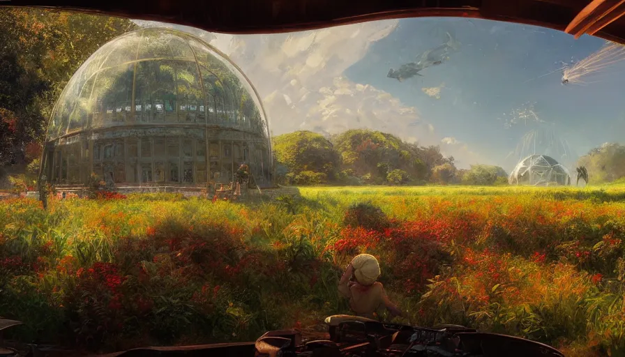 Prompt: craig mullins and ghibli digital illustration of the interior of the largest glass dome in the world, fields of crops, farms, colorful, unreal engine, hyper realism, realistic shading, cinematic composition, realistic render, octane render, detailed textures, photorealistic, wide shot