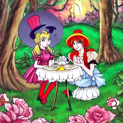 Prompt: Alice and the Mad Hatter, from Alice in Wonderland, in the style of sailor moon illustrations, by Naoko Takeuchi, they are having a tea party in the enchanted woods, surrounded by white and red roses
