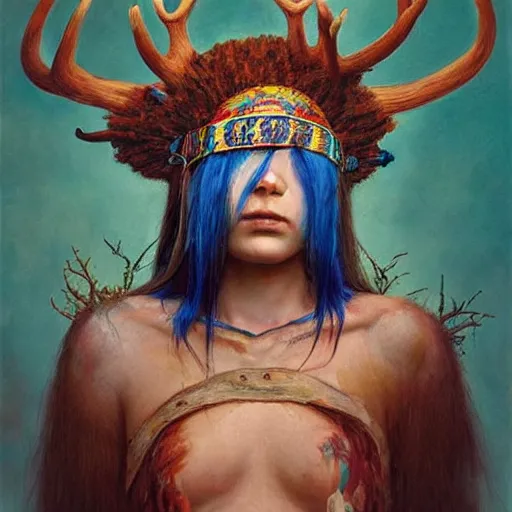 Image similar to A young female shaman blindfolded with a decorated headband, blue hair and antlers on her head, made by Esao Andrews and Karol Bak and Zdzislaw Beksinski