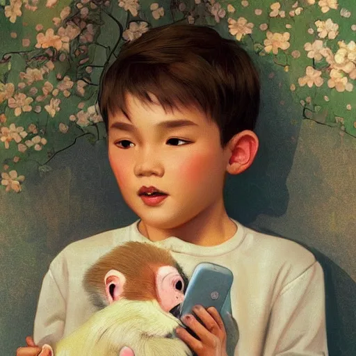 Image similar to young boy wearing white fabric pajama with cartoon paintings on it hugging a small monkey in his hands. highly detailed, digital painting, artstation, concept art, smooth and sharp focus, cg by tian zi and wlop and alphonse mucha