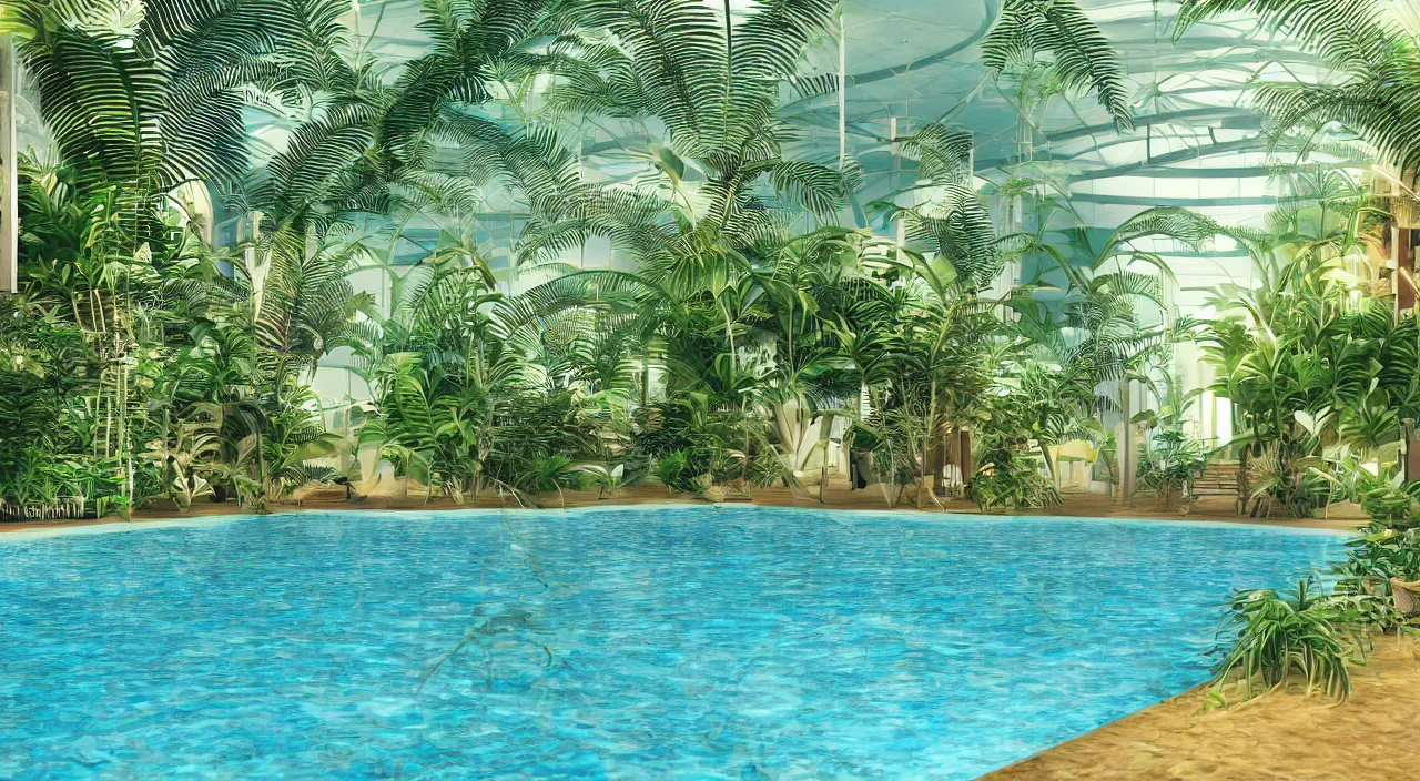 Image similar to 3d render of indoor pool with ferns and palm trees, pool tubes, chromatic abberation, depth of field, 80s photo,