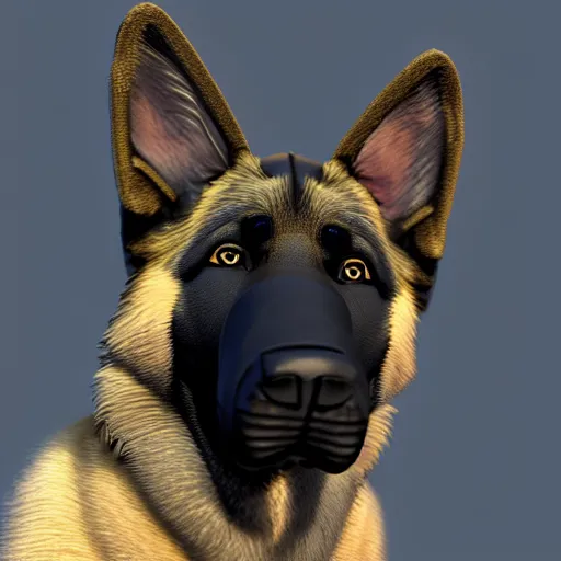 Prompt: police dog german sheperd, 3 d model, cartoony, unreal engine, 4 k, artstation, dreamworks, ultra quality, blue uniform, badge on collar, pixar, rollerkates