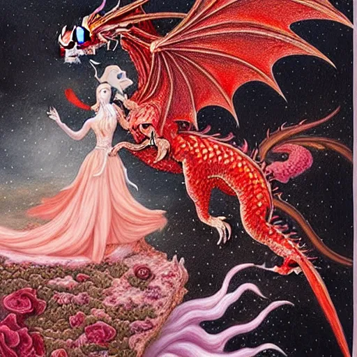 Image similar to miniature painting of a dragon fighting a woman, red+velvet+pink+orange+white colors, by Mahmoud Farshchian, intricate, insane detailed, very detailed