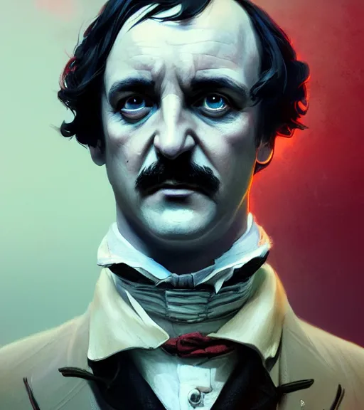 Image similar to highly detailed edgar allan poe portrait in gta v, stephen bliss, unreal engine, fantasy art by greg rutkowski, loish, rhads, ferdinand knab, makoto shinkai and lois van baarle, ilya kuvshinov, rossdraws, tom bagshaw, global illumination, radiant light, detailed and intricate environment