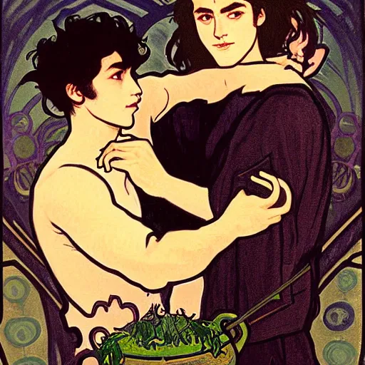 Prompt: painting of young cute handsome beautiful dark medium wavy hair man in his 2 0 s named shadow taehyung and cute handsome beautiful min - jun together at the halloween witchcraft party with bubbling cauldron, melancholy, autumn colors, elegant, painting, stylized, gorgeous eyes, soft facial features, delicate facial features, art by alphonse mucha, vincent van gogh, egon schiele