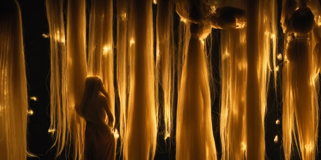 Prompt: love, groups of translucent people with long glowing hair, from behind, rebirth, wide angle, cinematic atmosphere, elaborate, highly detailed, dramatic lighting