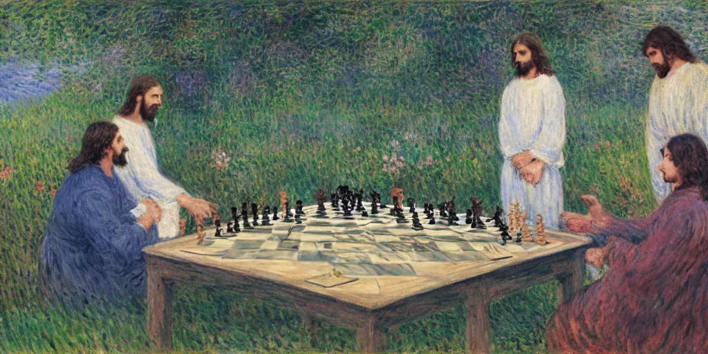 Image similar to jesus and magnus carlsen playing chess in heaven by monet