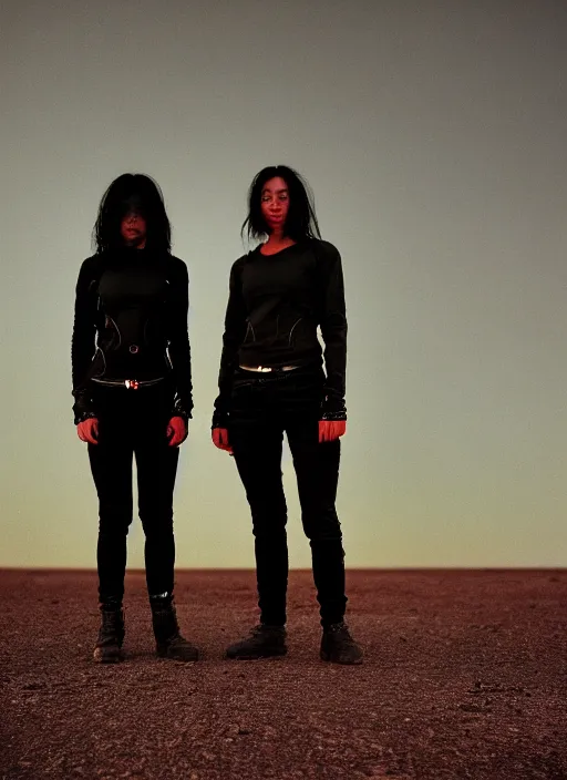 Image similar to cinestill 5 0 d photographic portrait of two loving female androids wearing rugged black techwear on a desolate plain with a red sky, extreme closeup, lizard on ground, cyberpunk style, in front of a brutalist dark metal facility, dust storm, 3 5 mm, high resolution, 8 k, hd, f / 3 2, ultra realistic faces