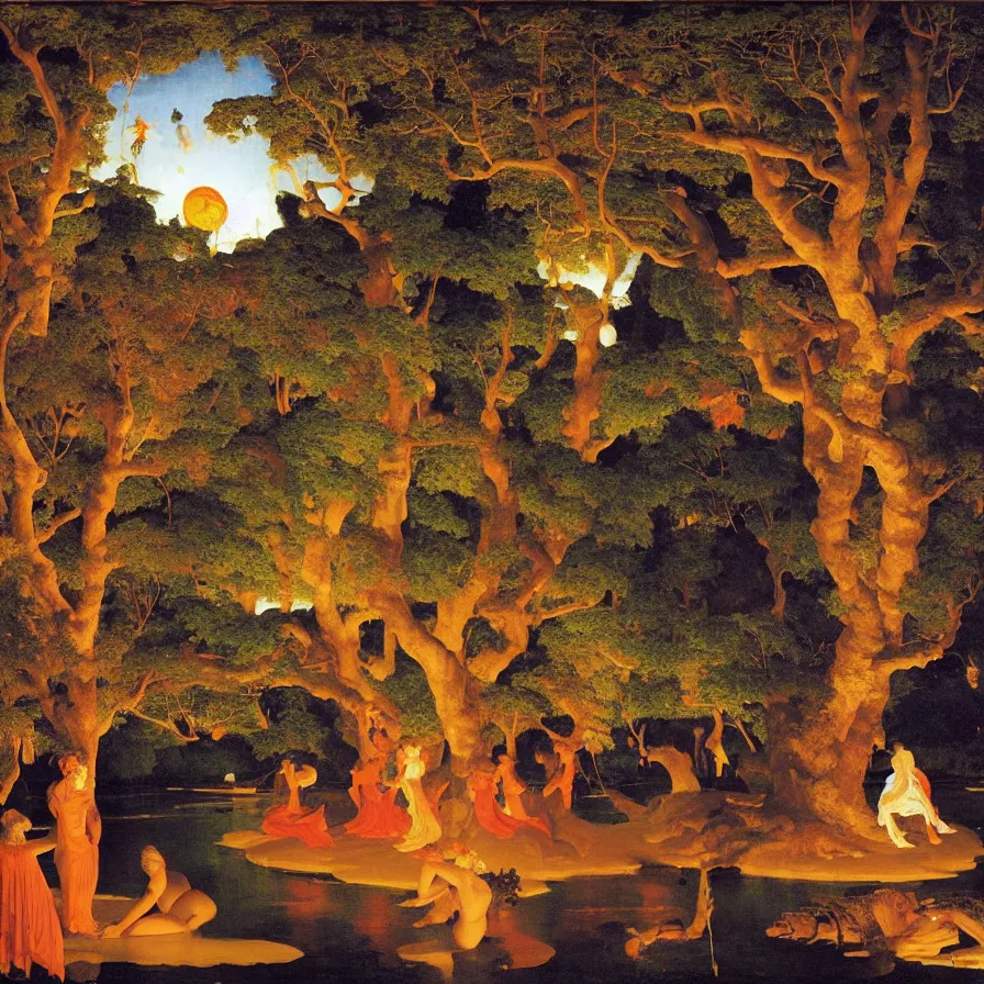 Prompt: a night carnival around a magical tree cavity, with a surreal orange moonlight and fireworks in the background, next to a lake with iridiscent water, christmas lights, folklore animals and people disguised as fantastic creatures in a magical forest by summer night, masterpiece painted by frederic leighton, dark night environment