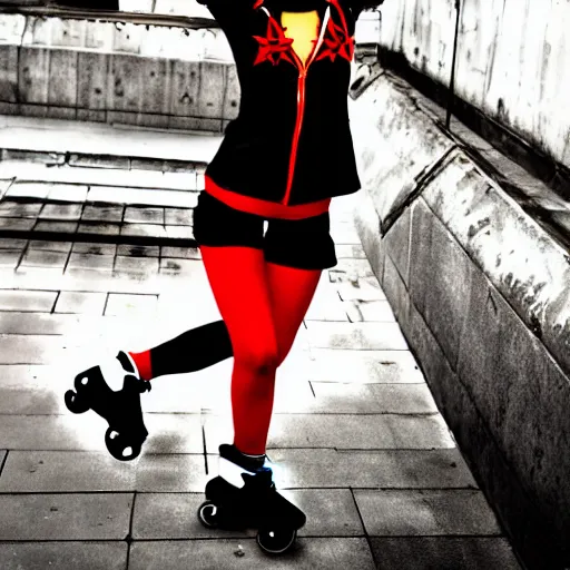 Image similar to Jet Set Radio, Teenage girl, French girl, black beret, black beret with a red star, black shirt with red star, black leather shorts, parkour, freerunning, rollerblading, rollerskates, city on a hillside, colorful buildings, futuristic city