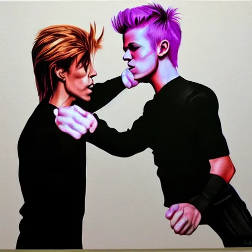 Prompt: a hyperrealistic painting of David Bowie punching Justin Bieber,