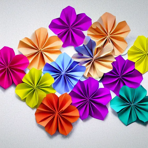 Image similar to origami flowers in multi colored paper, 3 d render, ultra detailed, on white background, studio shot