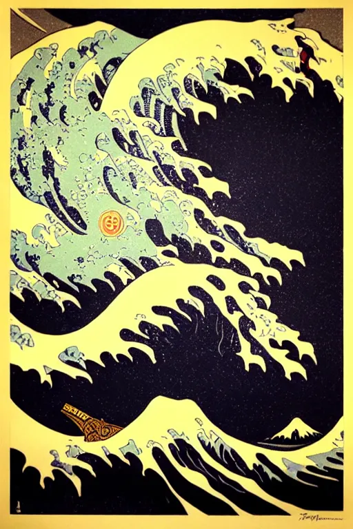 Image similar to Shepard Fairey The Great Wave off Kanagawa, sun in the background