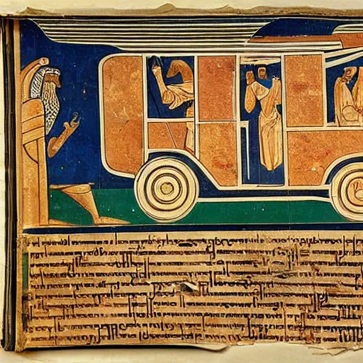 Image similar to ancient greek manuscript with pictures of cars