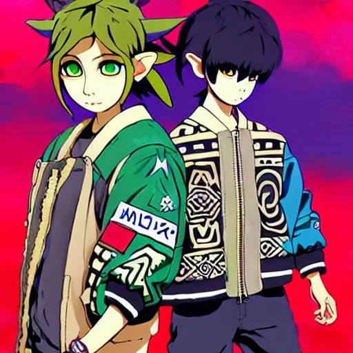 Image similar to majora majora's mask wearing oversized mayan bomber jacket with overalls, bulky poofy bomber jacket with mayan patterns, aztec street fashion, genshin impact art style, gapmoe yandere grimdark, trending on pixiv fanbox, painted by greg rutkowski makoto shinkai takashi takeuchi studio ghibli, akihiko yoshida