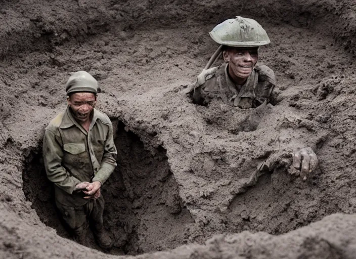 Prompt: a man wearing a dirty gray soldiers uniform living in an 8 foot deep pit made of mud